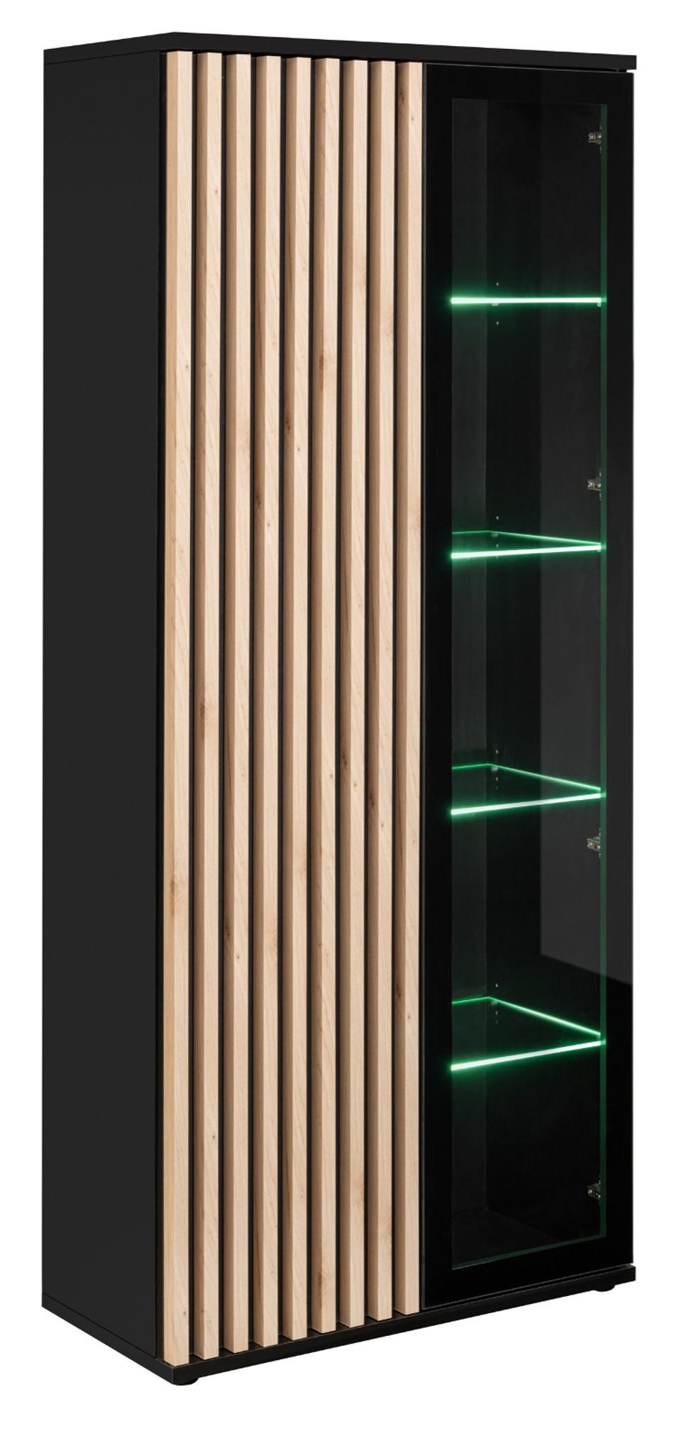 VITRINE schwarz, Eiche Jackson, Vitrinenschrank mit 3D-Lamellen inklusive Beleuchtung - Eichefarben/Schwarz, Glas/Holzwerkstoff (80/192/40cm) - Furn.Design
