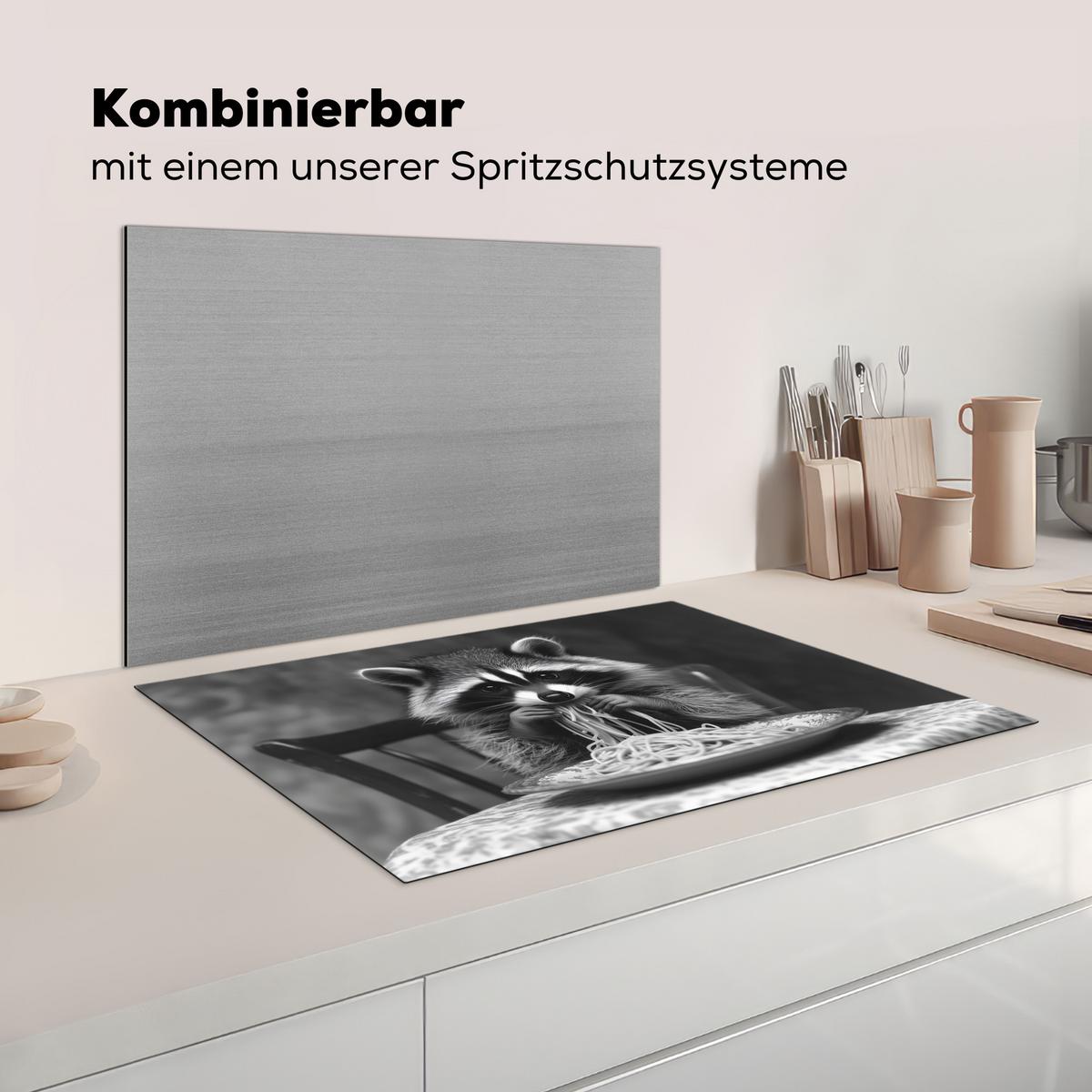 HERDABDECKPLATTE Waschbär - Niedlich - Pasta - Tischtuch - Schwarz - Weiß Ceranfeldabdeckung 76x51.5 cm - Grau, Kunststoff (76/51.5/0.2cm) - MuchoWow