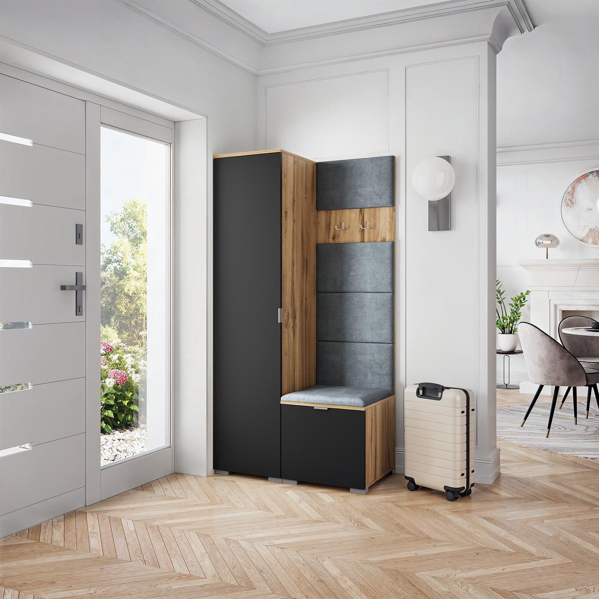 GARDEROBENSCHRANK LORI 95/181/51 cm Modern Garderobe-Set Eiche Wotan - Eiche Wotan/Schwarz, Holzwerkstoff (95/181/51cm) - MASSENO
