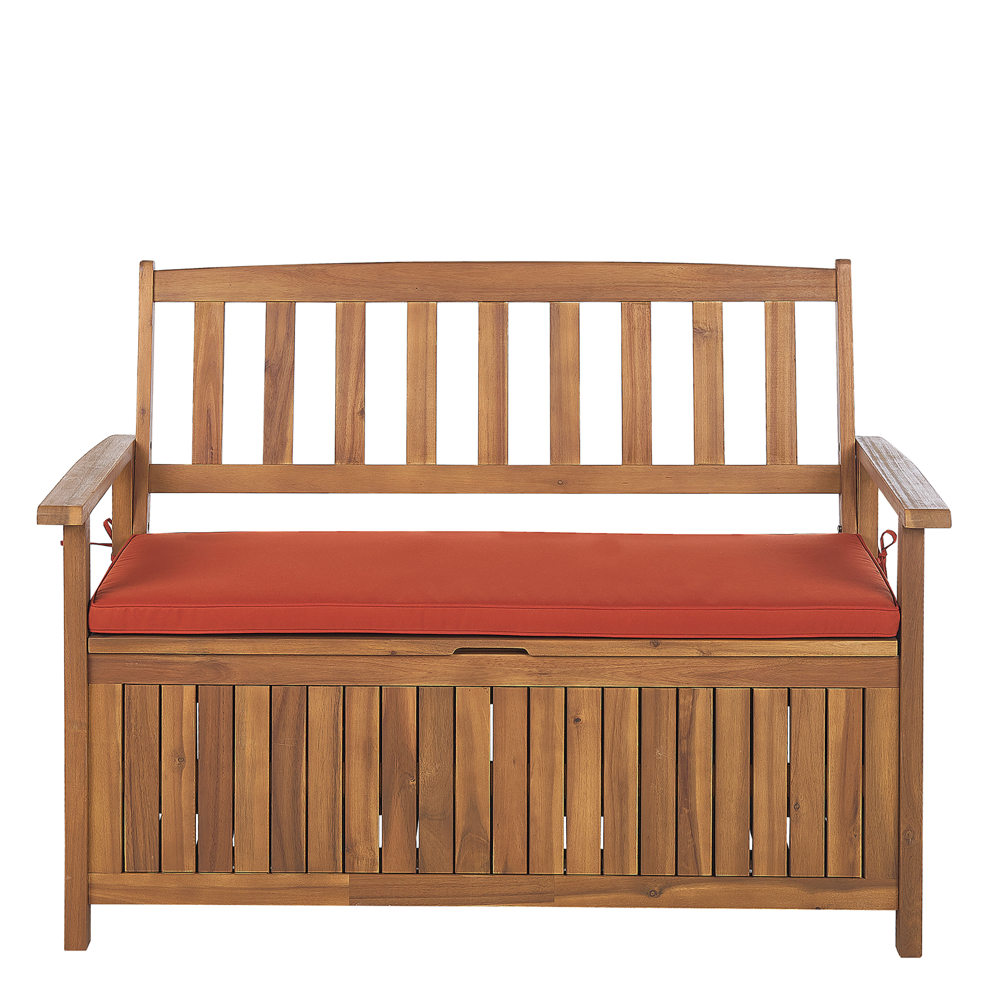 GARTENBANK Akazienholz hellbraun mit Stauraum Auflage terracotta 120 cm Sovana - Hellbraun/Terracotta, Holz (120/91/60cm) - Beliani