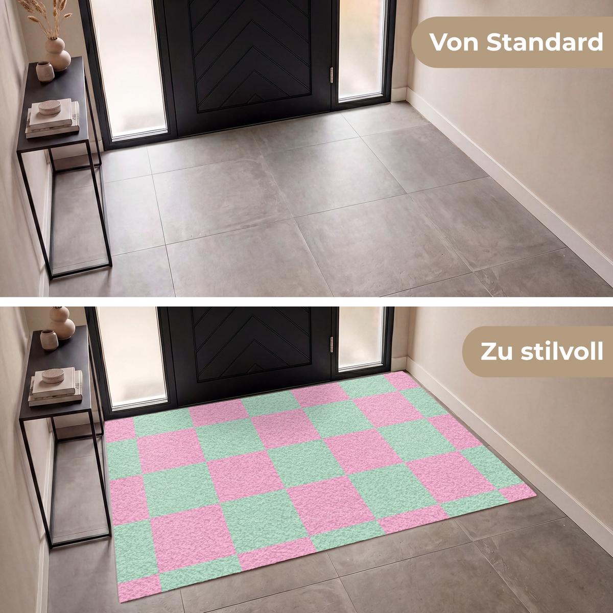FUSSMATTE Schachbrettmuster - Grün - Rosa - Würfel Fußabtreter 180x120 cm - Mintgrün, Kunststoff (180/0.4cm) - MuchoWow