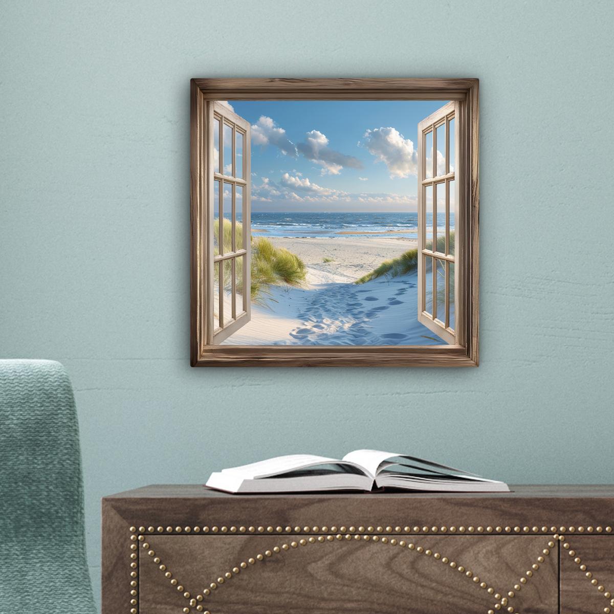 LEINWANDBILD Aussicht - Strand - Fenster - Dünen - Meer Deko Wohnzimmer 20x20 cm - Hellblau, Textil (20/20cm) - MuchoWow