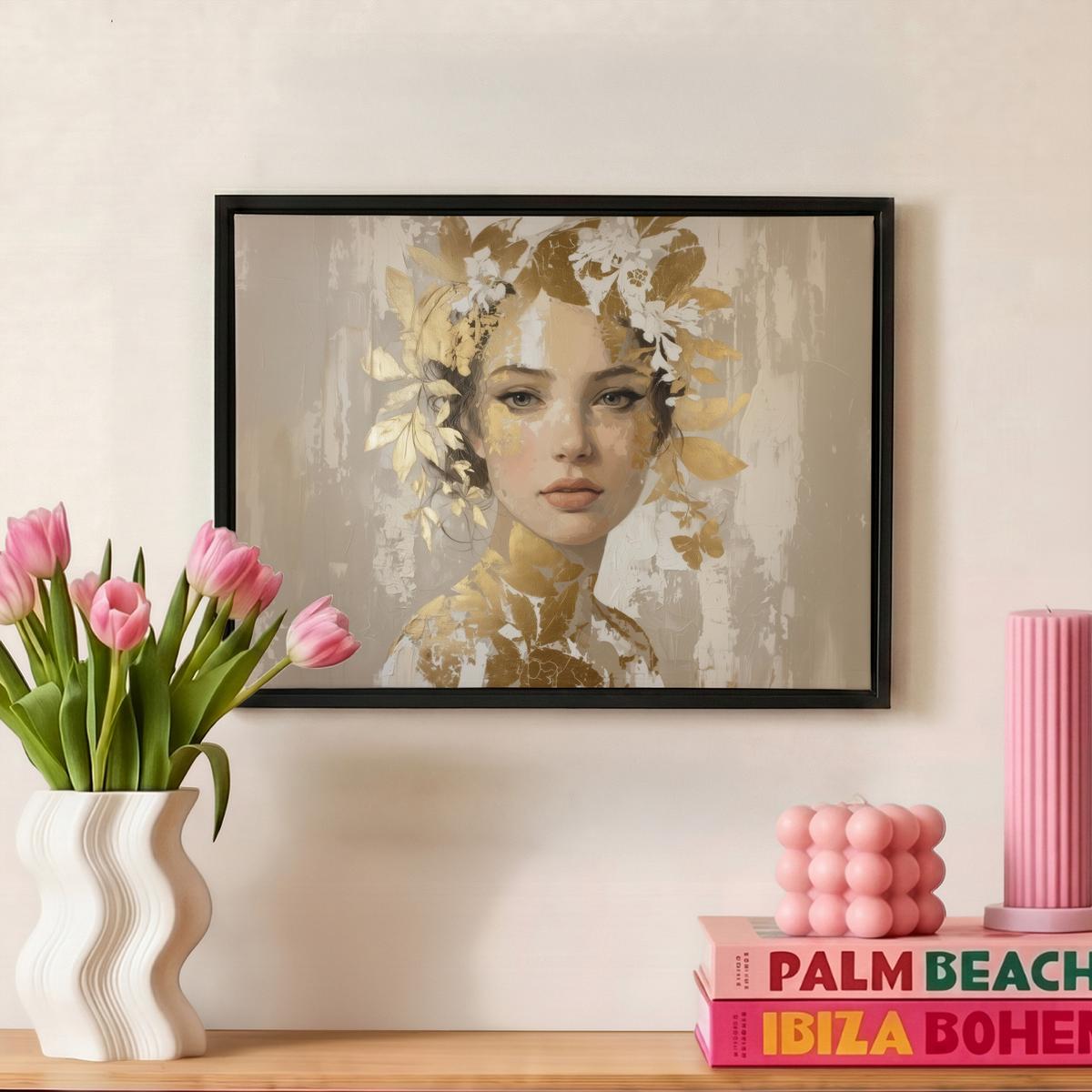 LEINWAND Bilder mit Rahmen - Gesicht - Frau - Blätter - Gold - 40x30 - Beige, Textil (40/30cm) - MuchoWow