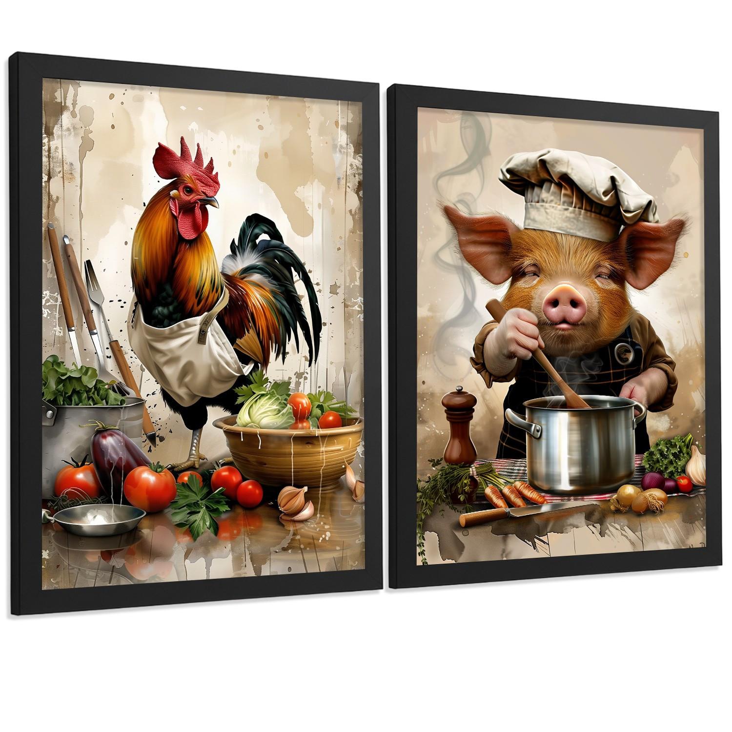 POSTER 2er Set Küchen-Wandbilder Hahn und Schwein Koch Aquarell Illustration Esszimmer Wanddeko Rahmenlos A3 - Schwarz, Papier (29.7/1/42cm) - Nacnic