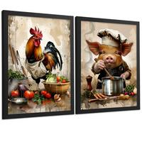 POSTER 2er Set Küchen-Wandbilder Hahn und Schwein Koch Aquarell Illustration Esszimmer Wanddeko Rahmenlos A3 - Schwarz, Papier (29.7/1/42cm) - Nacnic