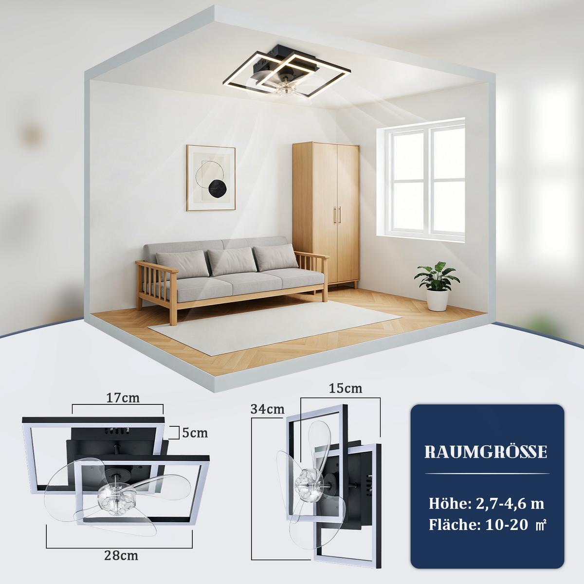 DECKENVENTILATOR Mit Beleuchtung Relven 34/34/15 cm - Schwarz, Kunststoff/Metall (34/34/15cm) - ZMH