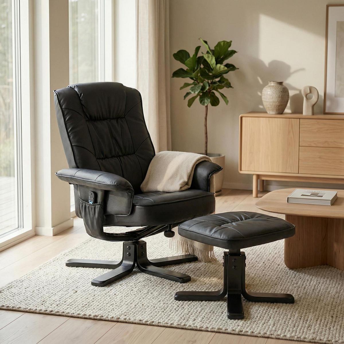 RELAXSESSEL KUNSTLEDER, SET MIT HOCKER CHARLY schwarz/schwarz - Schwarz, Textil (76/87/61cm) - IDIMEX