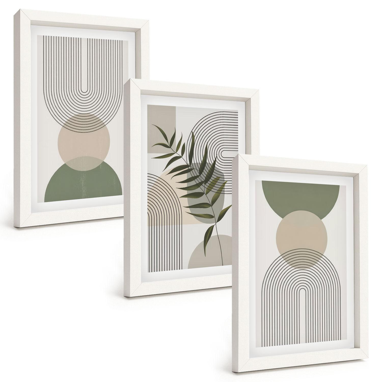 BILDER SET 3er Set - 20x30 cm Weißer Rahmen - Abstrakte Formen mit Grün - Weiß, Kunststoff (20/30cm) - TULUP