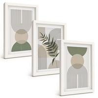 BILDER SET 3er Set - 20x30 cm Weißer Rahmen - Abstrakte Formen mit Grün - Weiß, Kunststoff (20/30cm) - TULUP