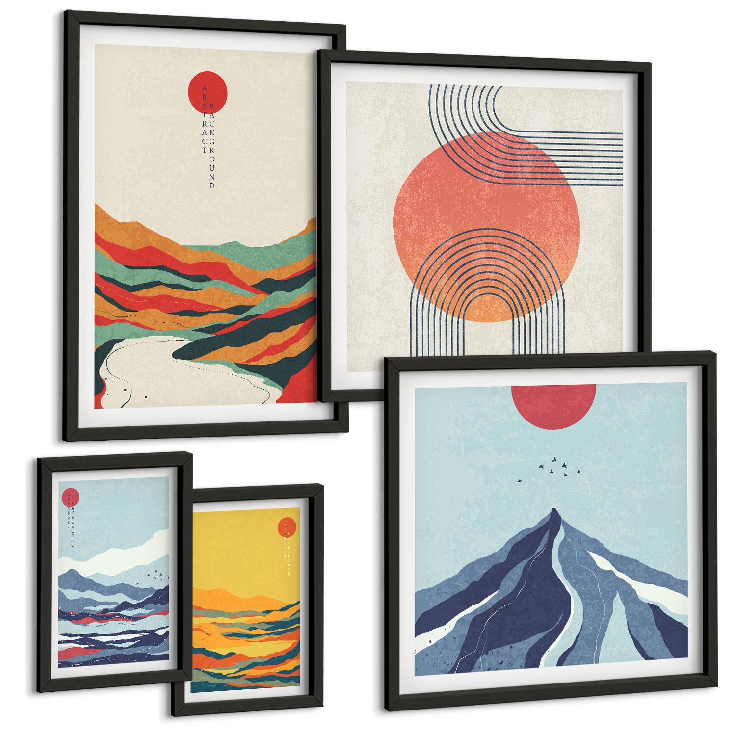 BILDER SET 5er Set - 50x50 cm & 20x30 cm & 40x60 cm Schwarzer Rahmen - Pastellfarbene Berge im Japandi-Stil - Schwarz, Kunststoff (40/60cm) - TULUP