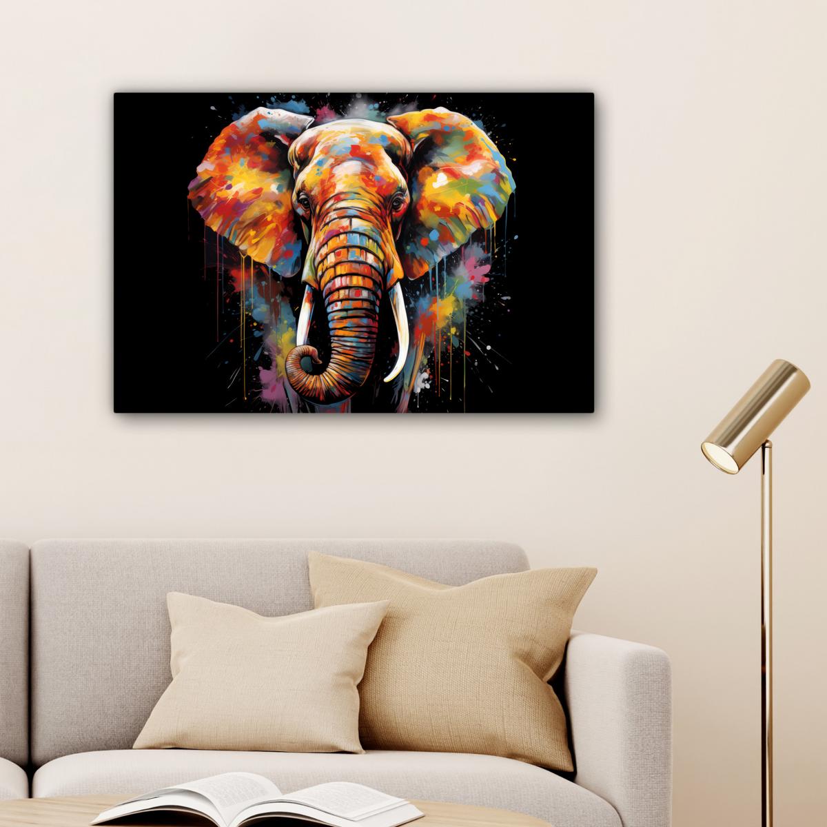 LEINWANDBILD Elefant - Graffiti - Schwarz - Tiere - Farben XXL 150x100 cm - Schwarz, Textil (150/100cm) - MuchoWow