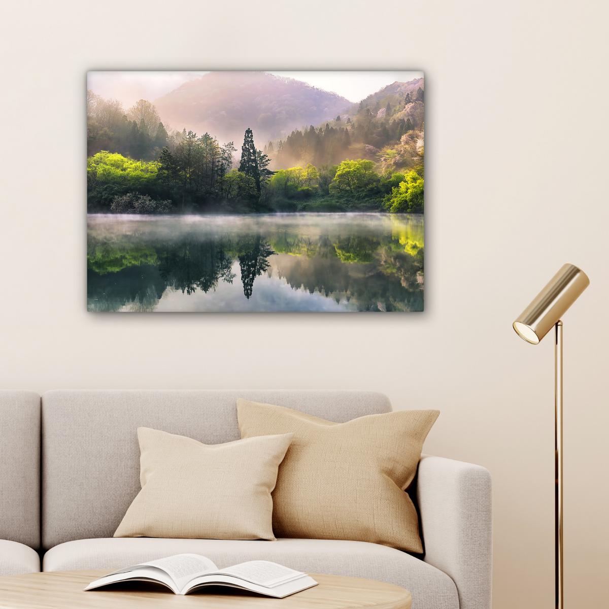 LEINWANDBILD Natur - Bäume - Berge - See - Wasser Wandbilder 80x60 cm - Hellgrün, Textil (80/60cm) - MuchoWow