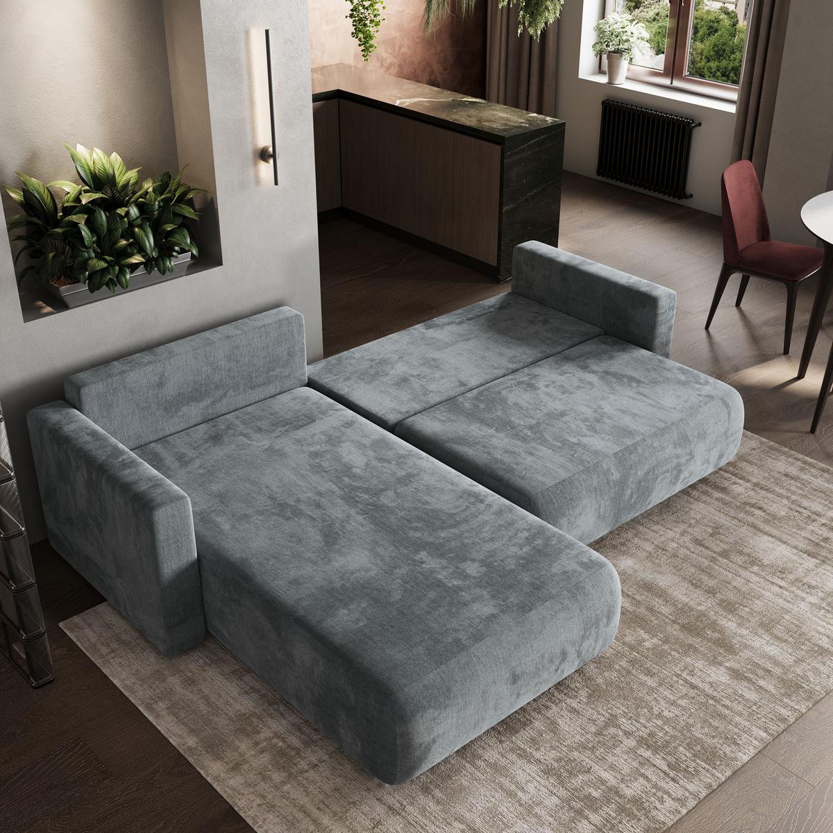 ECKSOFA TURIN M Grau Velours-Stoff mit Schlaffunktion - Grau, Holz/Kunststoff (265/183cm) - MASSENO