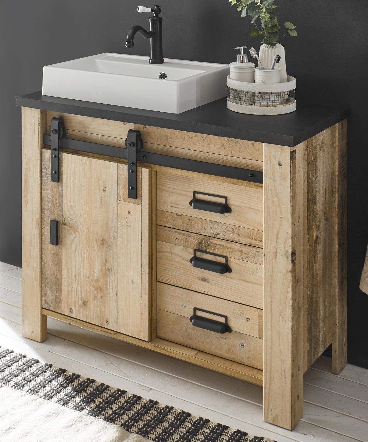 WASCHBECKENUNTERSCHRANK Used Wood Anthrazit, Waschtisch 95 cm inkl. Waschbecken, Soft-Close - Eichefarben/Anthrazit, Holzwerkstoff/Metall (95/81/43cm) - Furn.Design