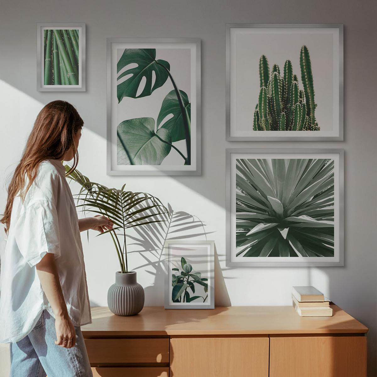 BILDER SET 5er Set - 50x50 cm & 20x30 cm & 40x60 cm Silberner Rahmen - Bambusblätter - Silberfarben, Kunststoff (40/60cm) - TULUP
