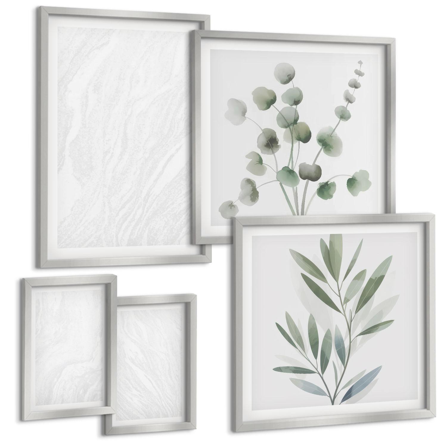 BILDER SET 5er Set - 50x50 cm & 20x30 cm & 40x60 cm Silberner Rahmen - Marmorstruktur, pastellfarbene Zweige - Silberfarben, Kunststoff (40/60cm) - TULUP