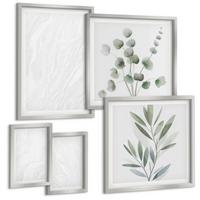 BILDER SET 5er Set - 50x50 cm & 20x30 cm & 40x60 cm Silberner Rahmen - Marmorstruktur, pastellfarbene Zweige - Silberfarben, Kunststoff (40/60cm) - TULUP