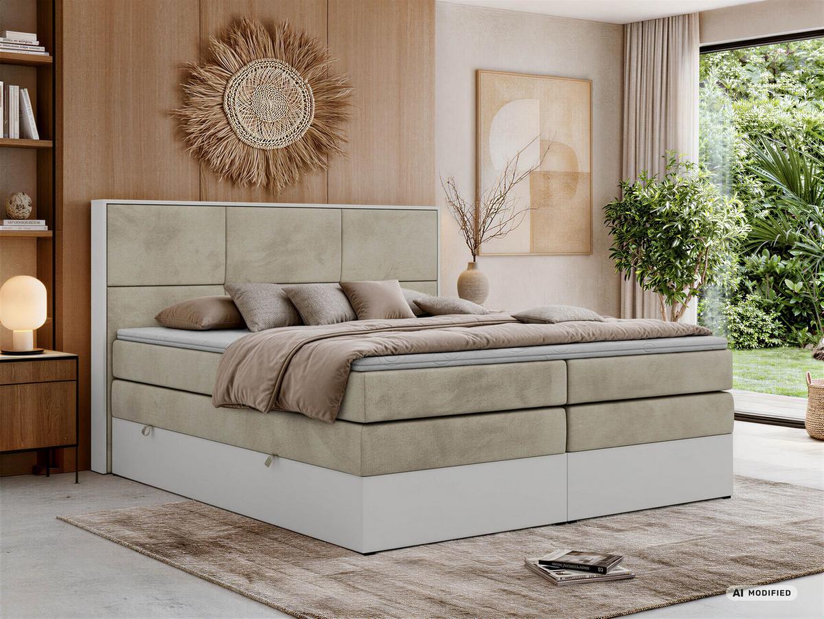 BOXSPRINGBETT DELVIT KING 200/200 - Beige Velvet - Topper Visco - H3 - Beige/Schwarz, Kunststoff/Textil (200/200cm) - MKS