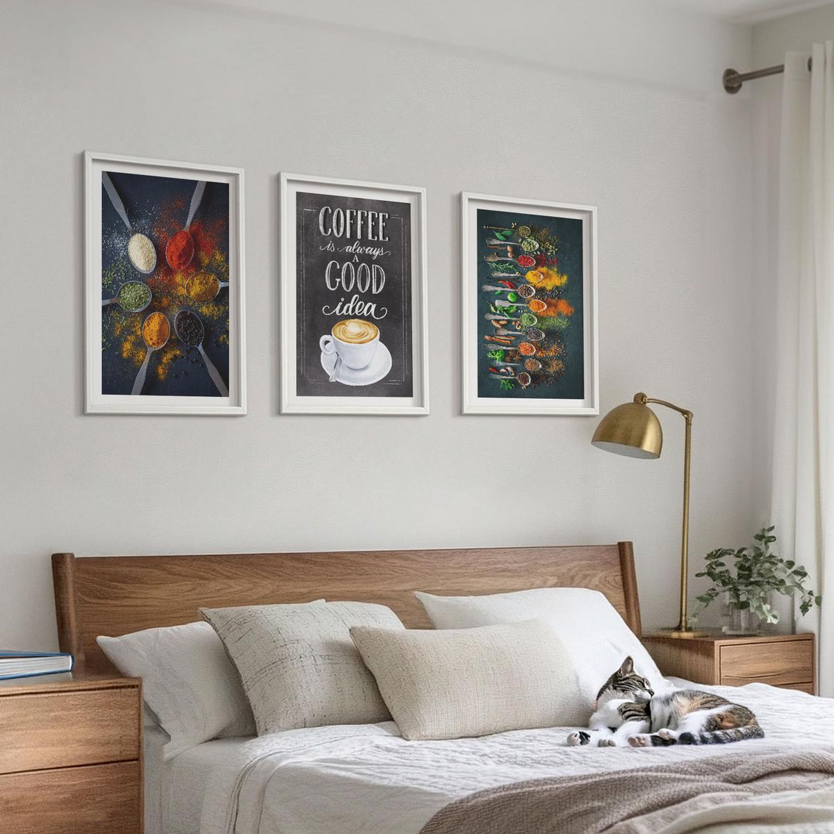 BILDER SET 3er Set - 40x60 cm Weißer Rahmen - Gewürze, Kaffee, Kräuter, Muster - Weiß, Kunststoff (40/60cm) - TULUP