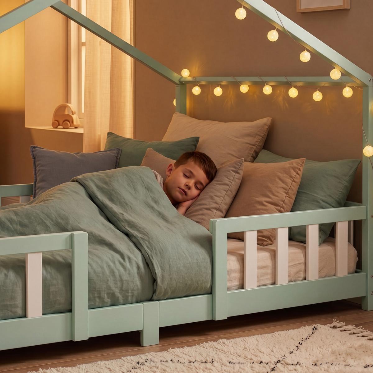 HAUSBETT Treviolo - Weiß/Mintgrün, Holz (120/200cm) - [en.casa]