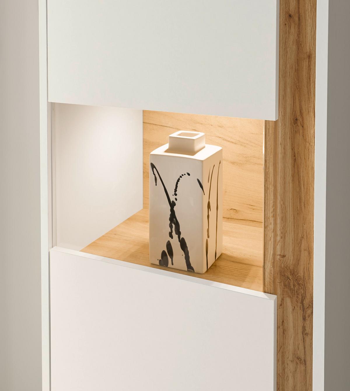 VITRINEN-SET 3-teilig weiß, Eiche Wotan 190, Schrank-Set mit viel Stauraum - Eiche Wotan/Schwarz, Glas/Holz (190/155/40cm) - Furn.Design
