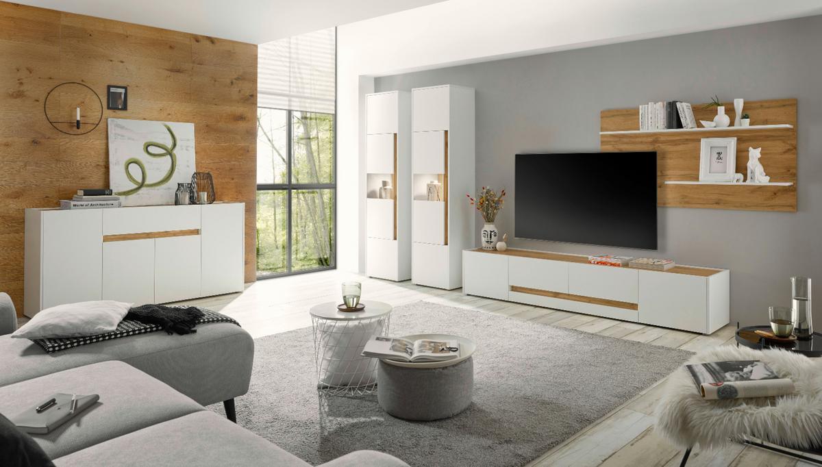 SIDEBOARD weiß, Eiche Wotan 220 cm, Kommode mit 8 Fächern - Eiche Wotan/Schwarz, Holz/Holzwerkstoff (220/87/40cm) - Furn.Design