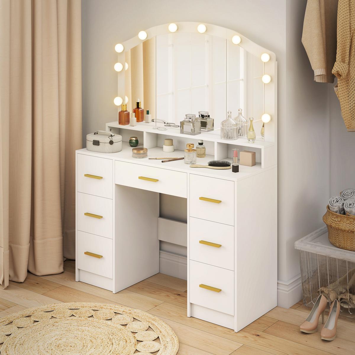 SCHMINKTISCH mit LED-Beleuchtung, 3 Lichtfarben, Spiegel, 7 Schubladen, Weiß - Weiß, Holzwerkstoff (40/150/110cm) - HOMCOM