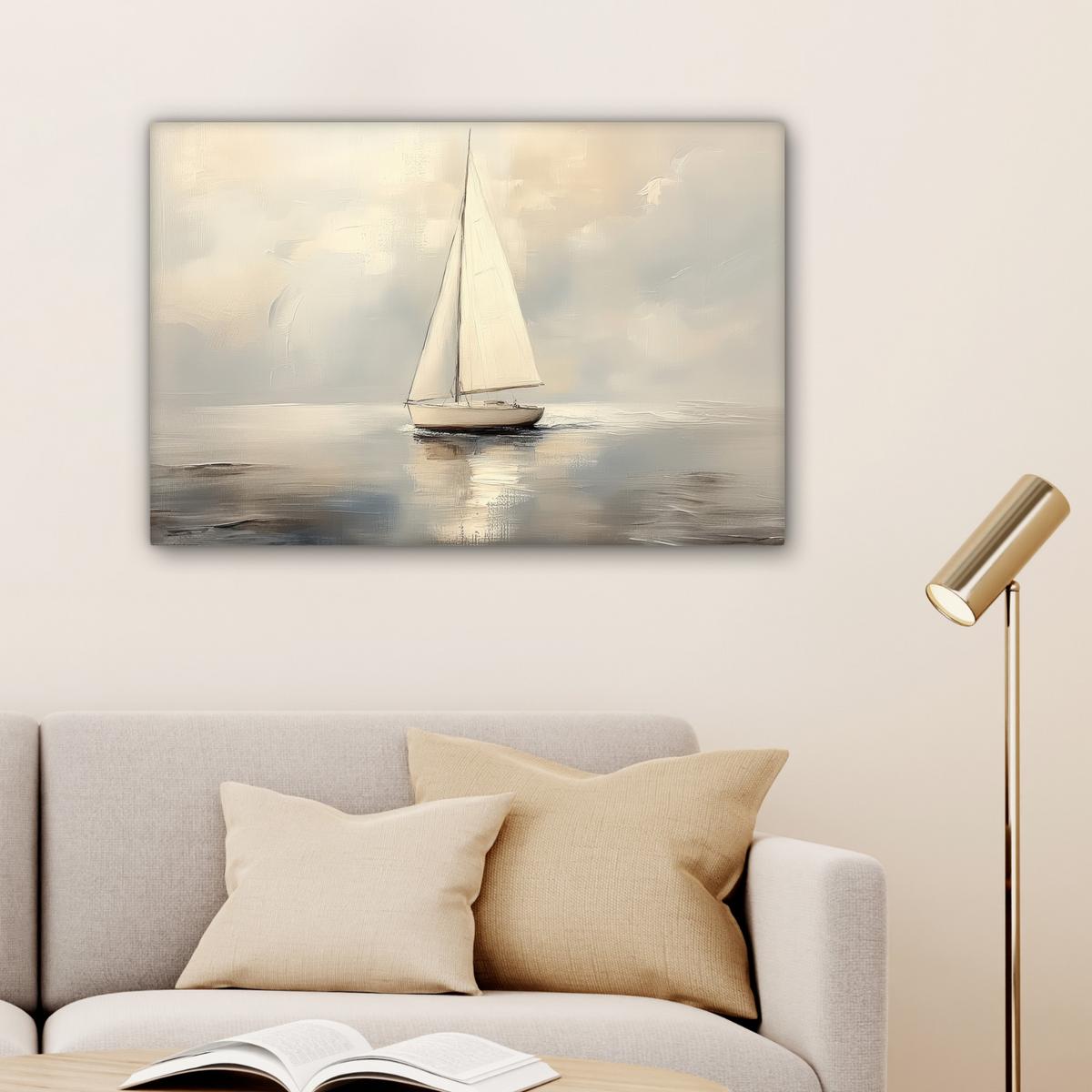 LEINWANDBILD Segelschiff - Meer - Bewölkt Gemälde 60x40 cm - Creme, Textil (60/40cm) - MuchoWow