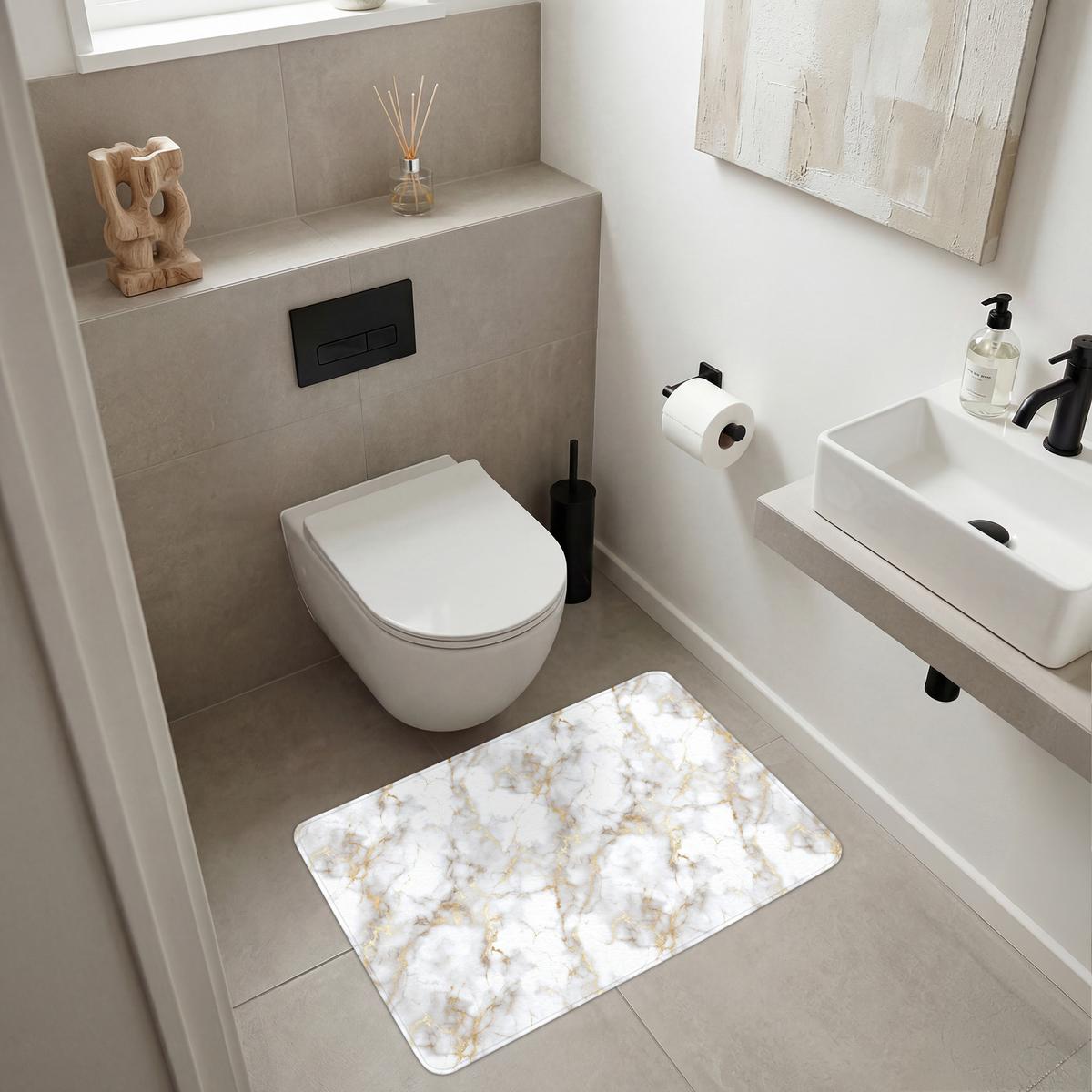 BADEMATTE Goldene Adern - Marmor - Weiß 90x60 cm - Weiß, Textil (90/60cm) - OnlyWow