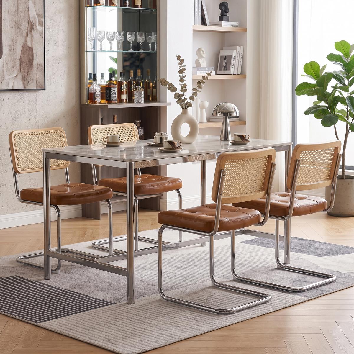 ESSZIMMERSTUHL 2er set kunstleder rattan verchromtes gestell freischwinger - Braun, Textil (53/84.6/46.4cm) - Urban Meuble