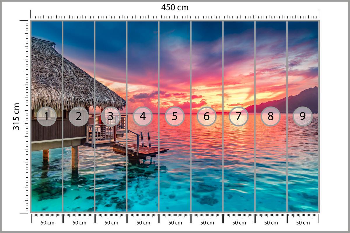 FOTOTAPETE für Wohnzimmer Sonnenuntergang Ozean Holzhütte 450x315 - Türkis/Blau, Papier (450/315cm) - Muralo