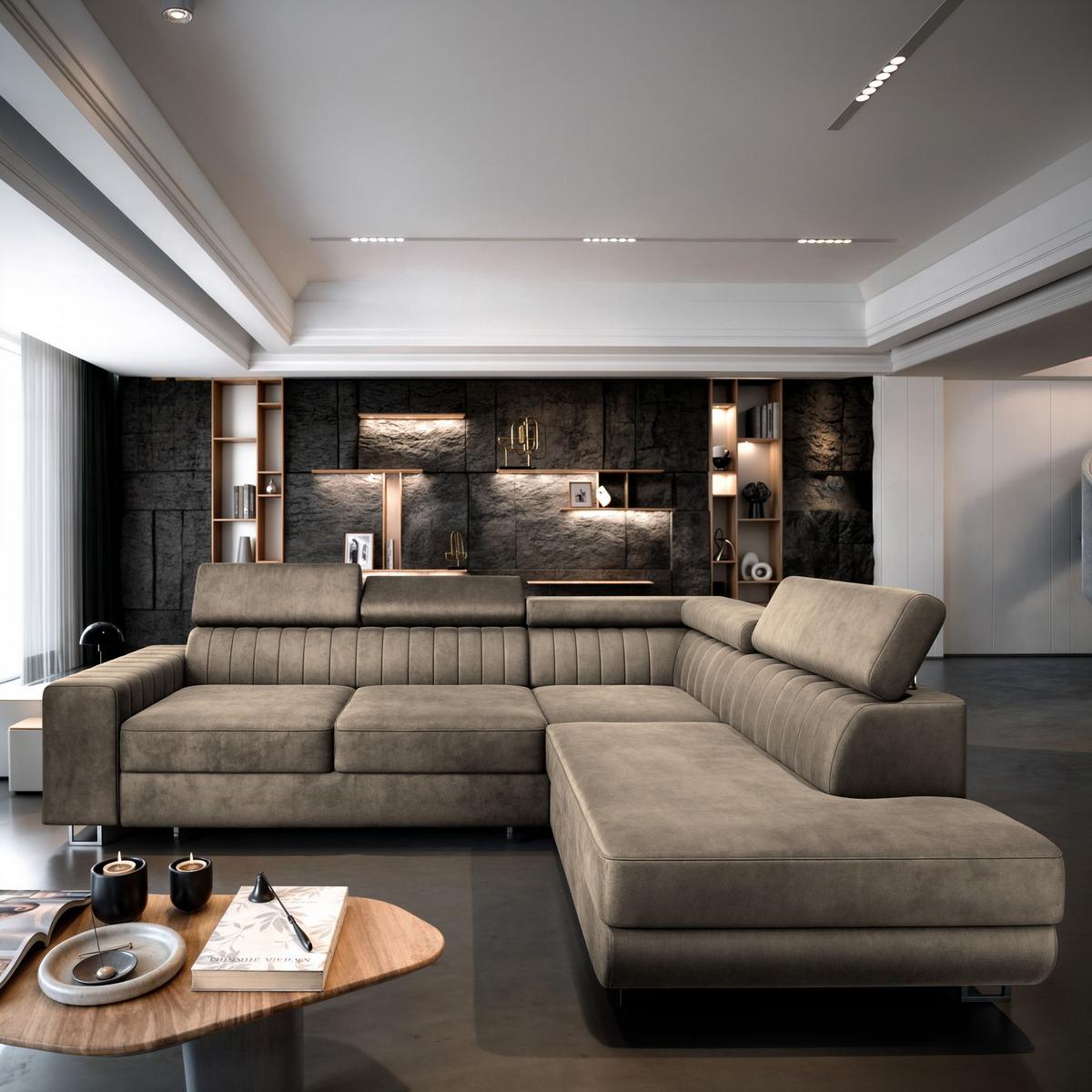 ECKSOFA NOLA R-S Beige Velours-Stoff mit Schlaffunktion - Beige/Silberfarben, Holz/Textil (253/190cm) - MASSENO