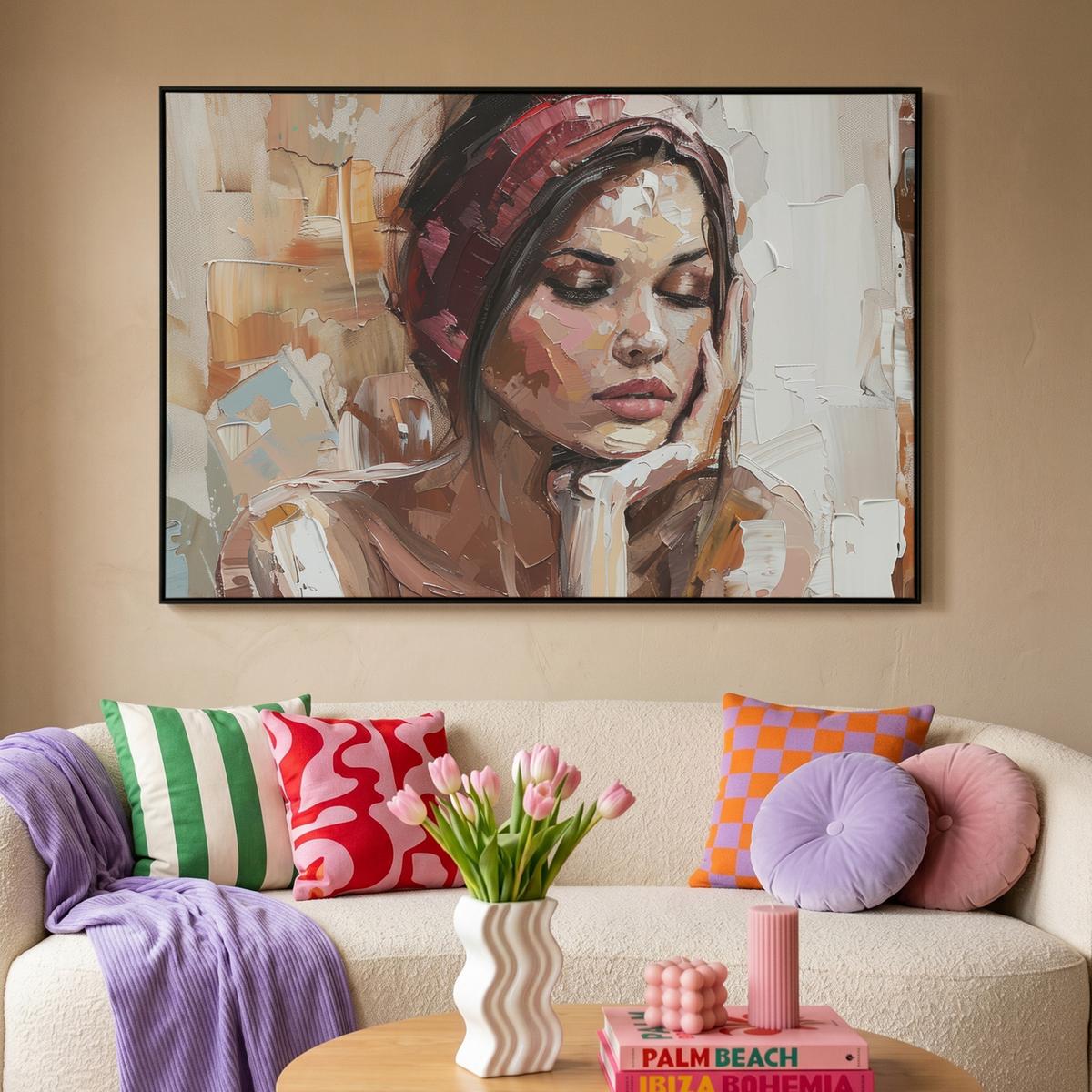 LEINWAND Bilder mit Rahmen - Frau - Lackierung - Porträt - Modern - 150x100 - Altrosa, Textil (150/100cm) - MuchoWow