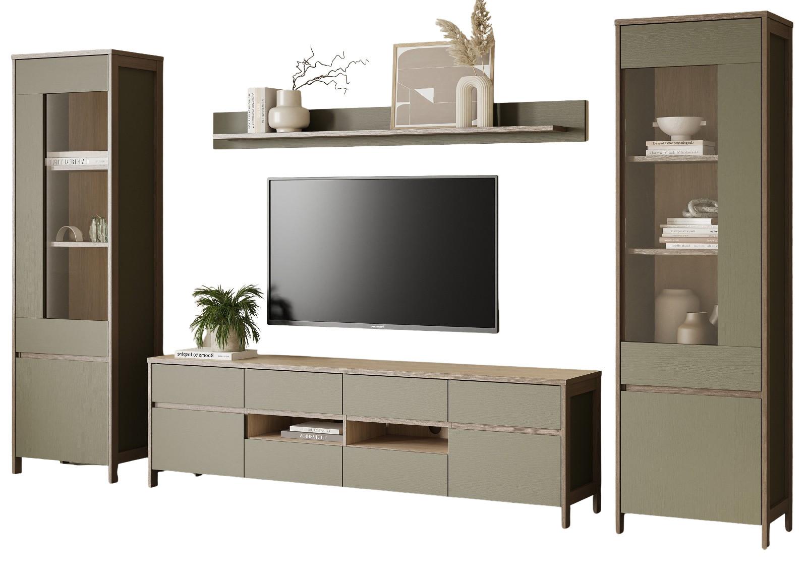 WOHNWAND Salbei grün, Eiche, Wohnkombination skandinavisch 4-teilig 339 cm, Soft-Close - Salbeigrün/Eichefarben, Glas/Holzwerkstoff (339/195/39cm) - Furn.Design