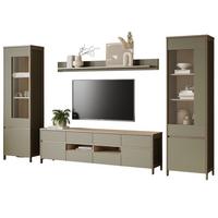 WOHNWAND Salbei grün, Eiche, Wohnkombination skandinavisch 4-teilig 339 cm, Soft-Close - Salbeigrün/Eichefarben, Glas/Holzwerkstoff (339/195/39cm) - Furn.Design