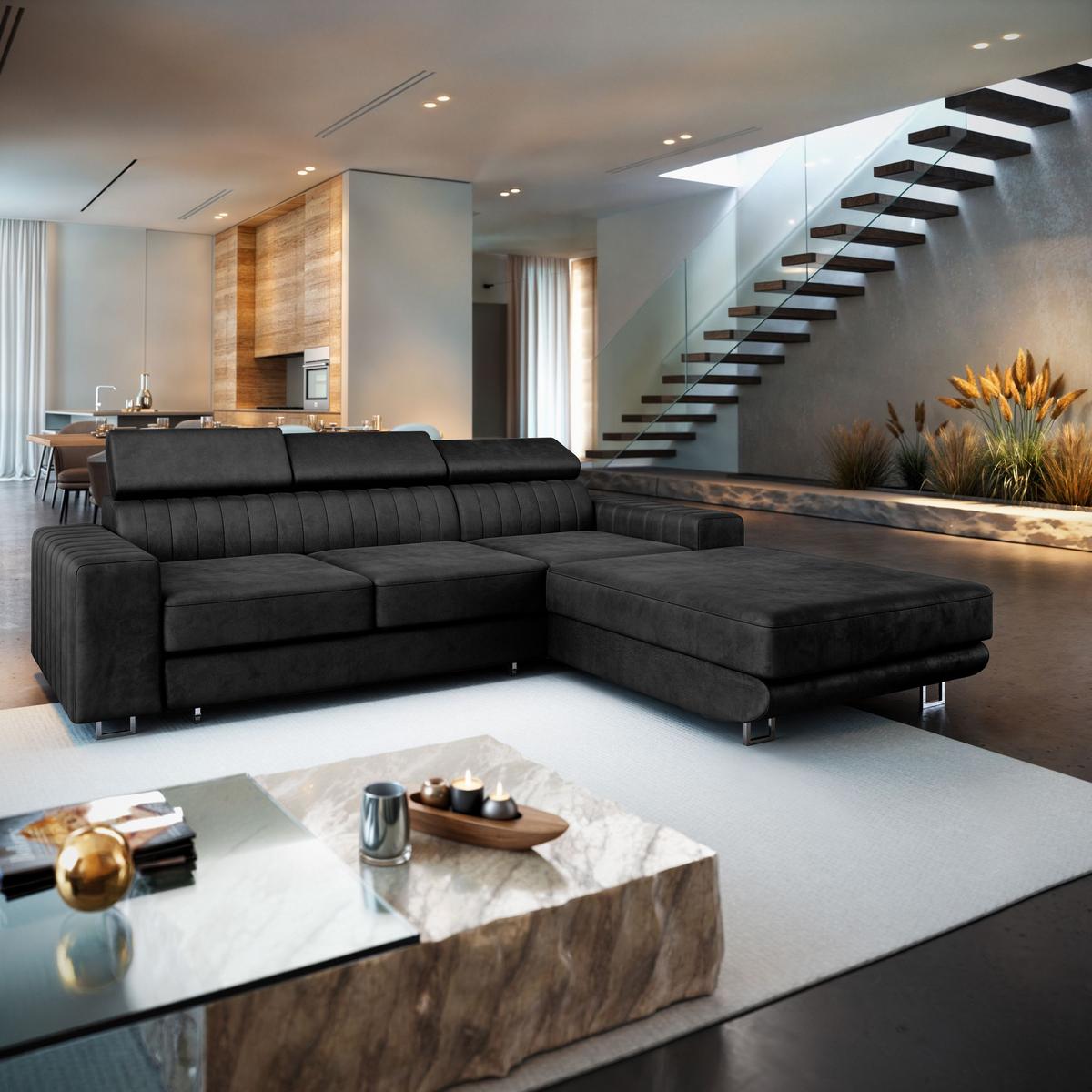 ECKSOFA NOTO R-S Schwarz Velours-Stoff mit Schlaffunktion - Silberfarben/Schwarz, Holz/Textil (267/190cm) - MASSENO