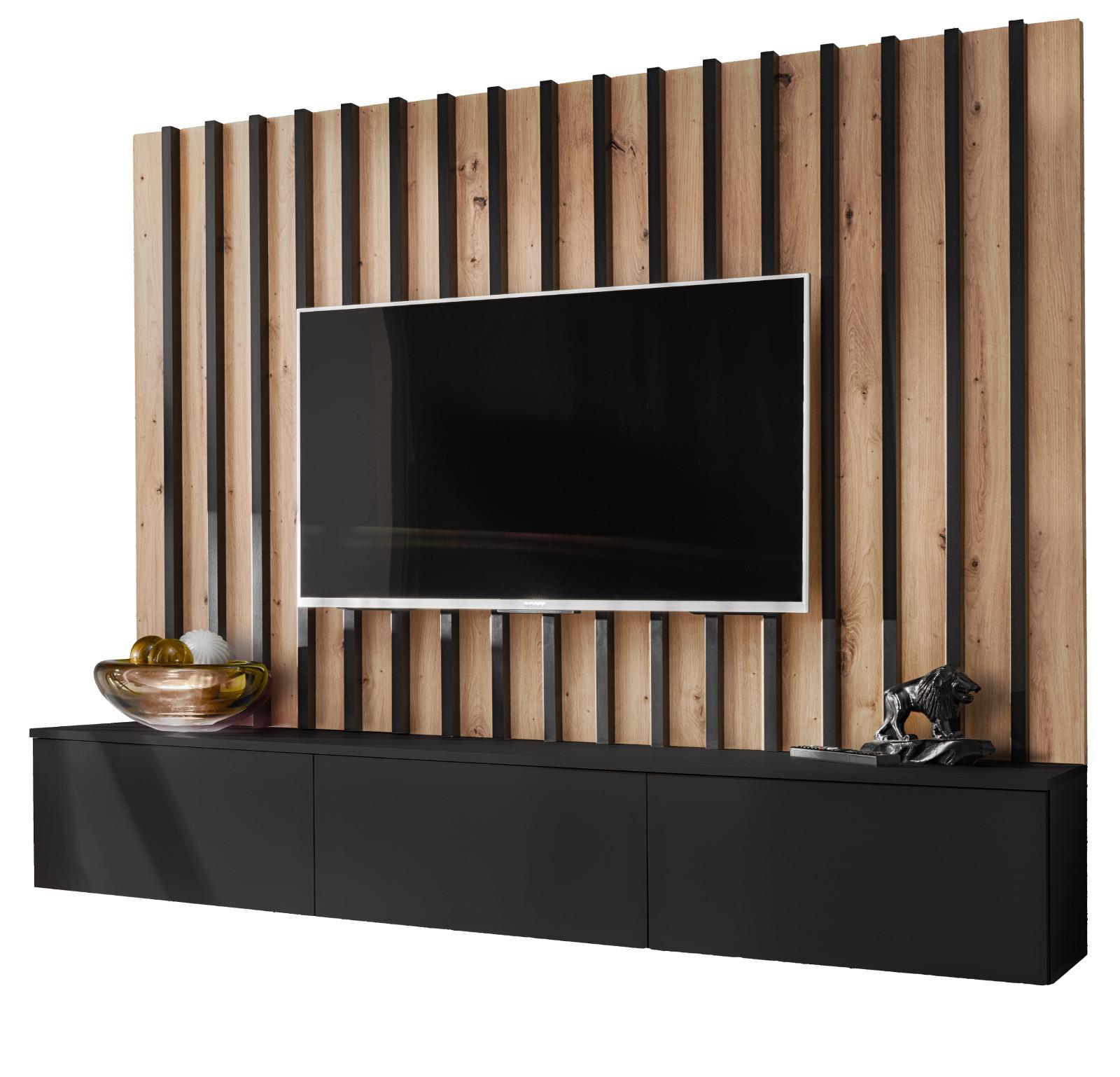 TV LOWBOARD schwarz, Artisan Eiche 180 cm, Set TV-Board inkl. Akustik Wandpanel, Push-to-Open - Schwarz/Eiche Artisan, Holzwerkstoff (180/148/35cm) - Furn.Design