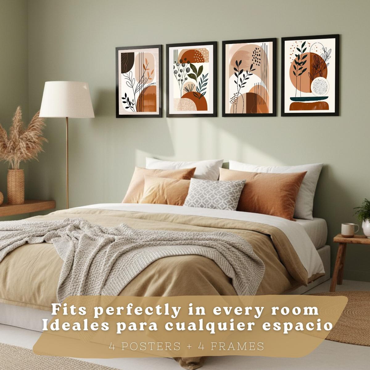 POSTER 4er Kunstdruck-Set Wandbilder Botanisch Abstrakt modern Wohnzimmer Deko, Schlafzimmer, Küche, Badezimmer Schwarzer Rahmen A4 - Schwarz, Papier (29.7/1/21cm) - Nacnic