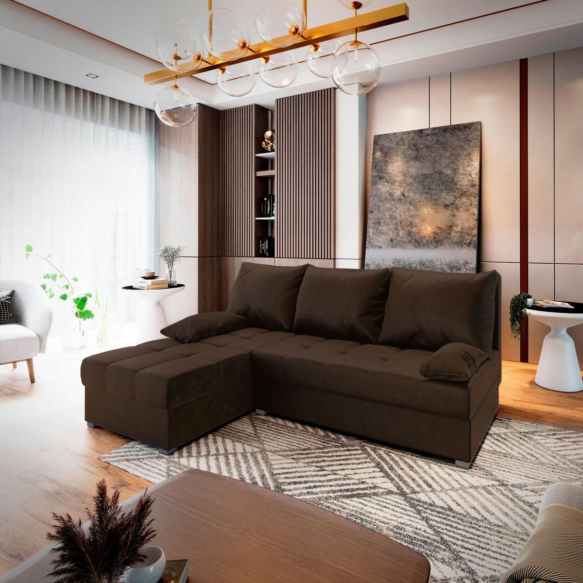 ECKSOFA RITA Braun Plüsch-Stoff mit Schlaffunktion - Braun/Grau, Holz/Kunststoff (200/141cm) - MASSENO