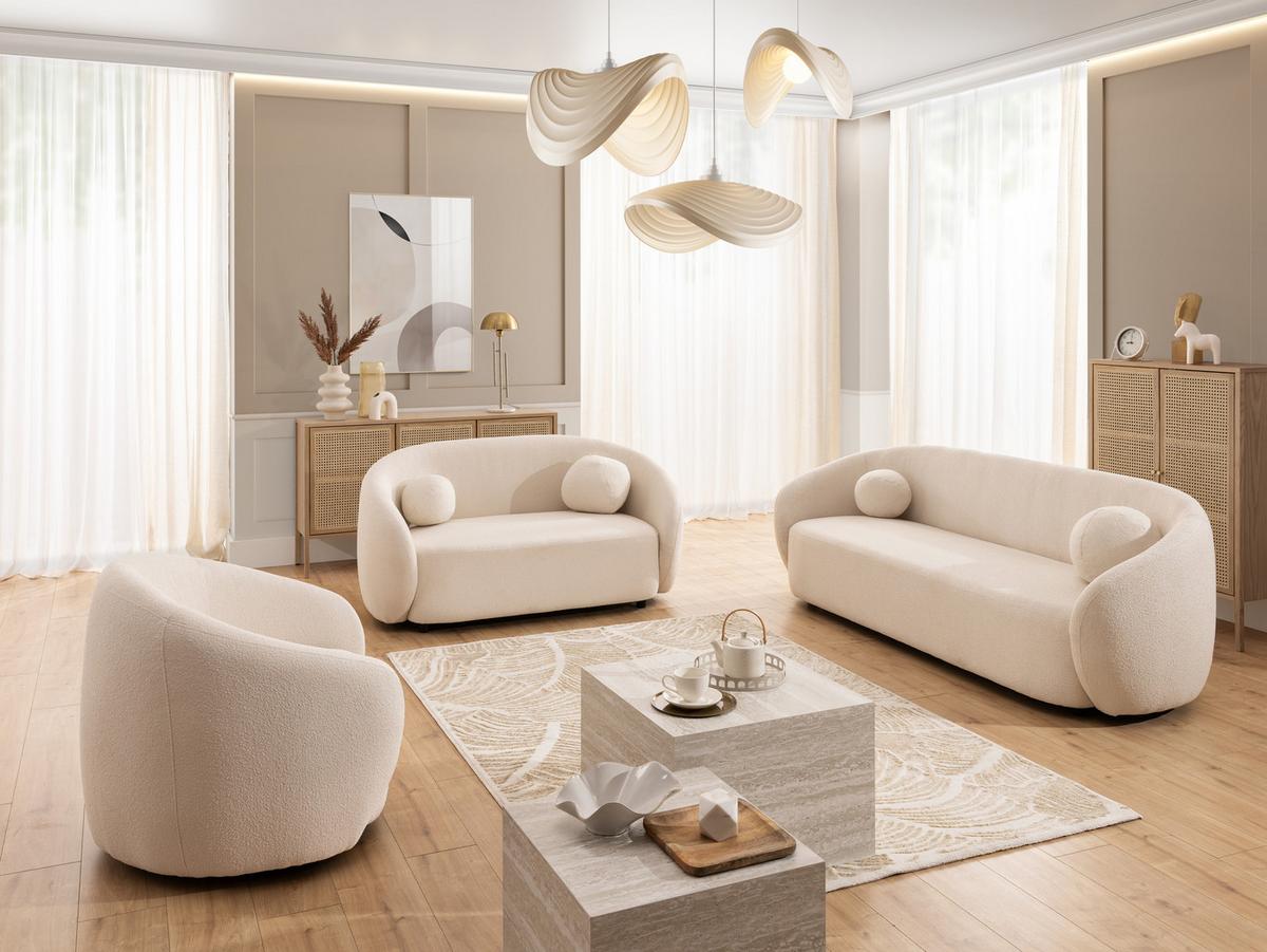 2-SITZER-SOFA Roundi Cremeweiß Bouclé - Creme/Schwarz, Holz/Kunststoff (150/76/80cm) - S-Style Möbel