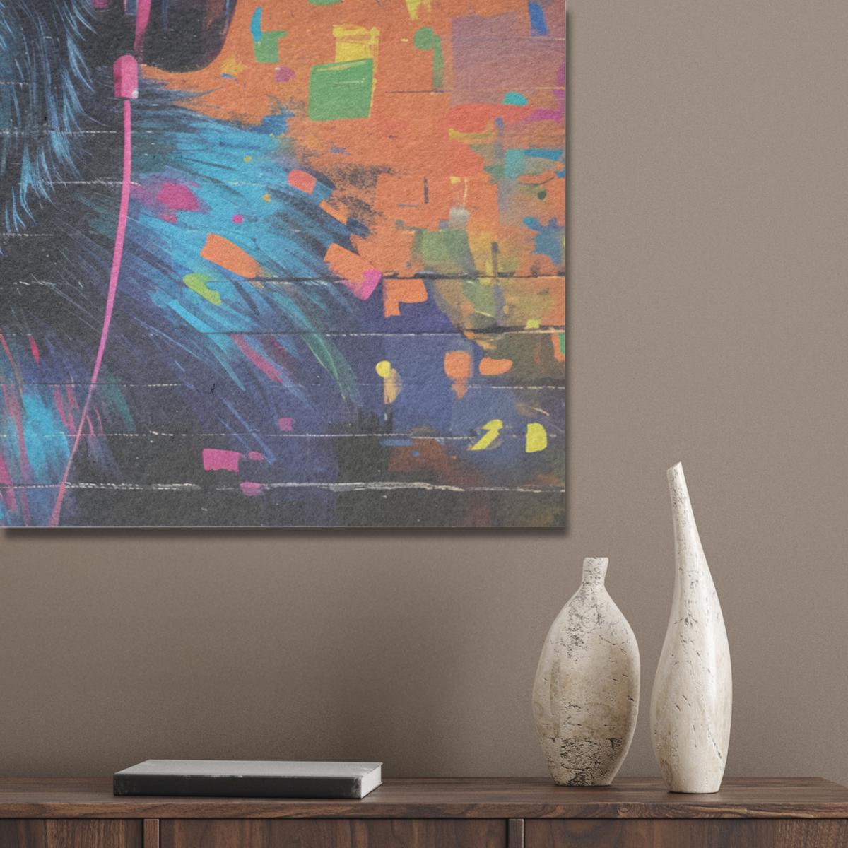 AKUSTIKBILD Graffiti - Schimpanse - Straßenkunst - Kopfhörer - Affe Wandbild Wohnzimmer 100x70 cm - Blau, Kunststoff (100/70/0.9cm) - MuchoWow