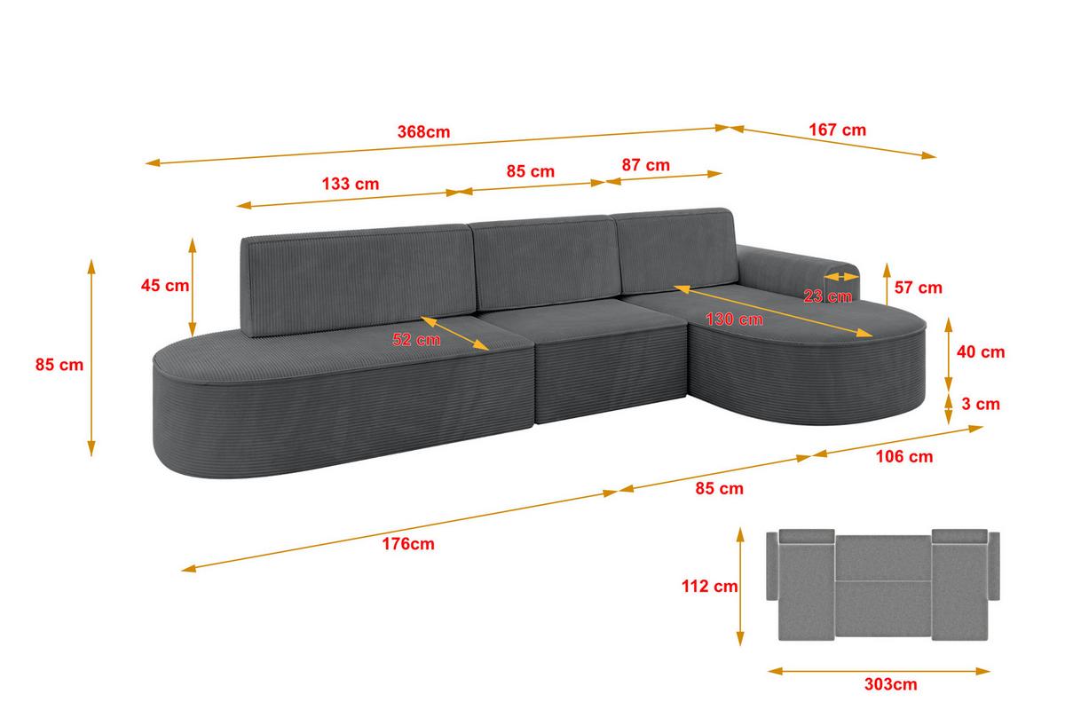 ECKSOFA mit Schlaffunktion Ottomane RECHTS MARI L2-S 368X167X85 Dunkelgrau Cord - Graphitfarben/Schwarz, Holzwerkstoff/Kunststoff (167/368cm) - ALTDECOR