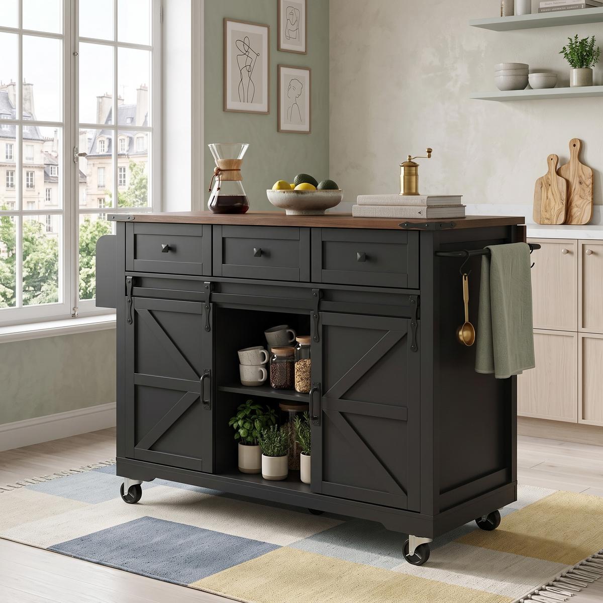 KÜCHENINSEL Schwarz mit Klapptisch, Schiebetüren & Rollen - Schwarz, Holzwerkstoff (140/94/45cm) - Urban Meuble