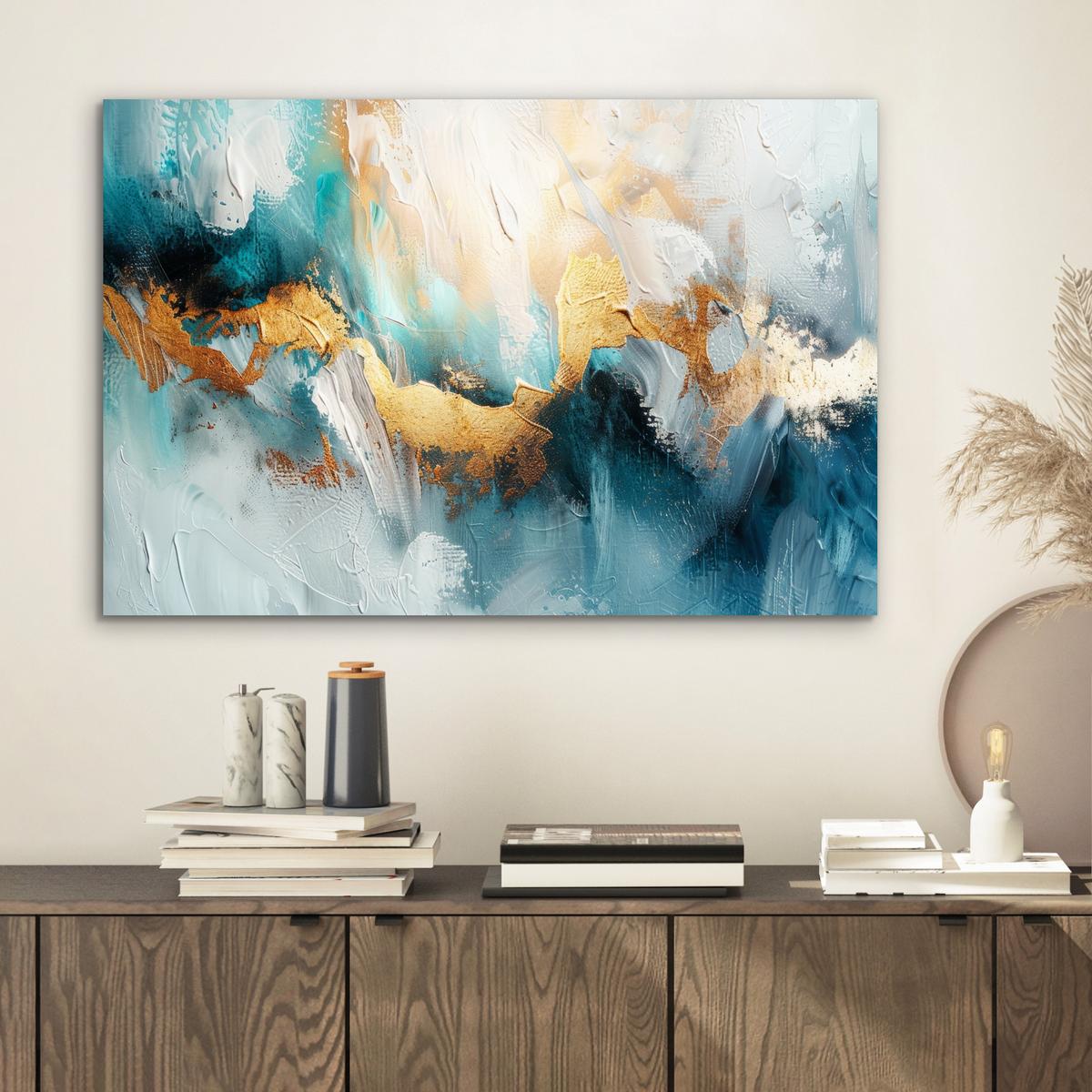 METALLBILD Abstrakt - Kunst - Gold - Blau Wandbild 60x40 cm - Petrol, Metall (60/40cm) - MuchoWow
