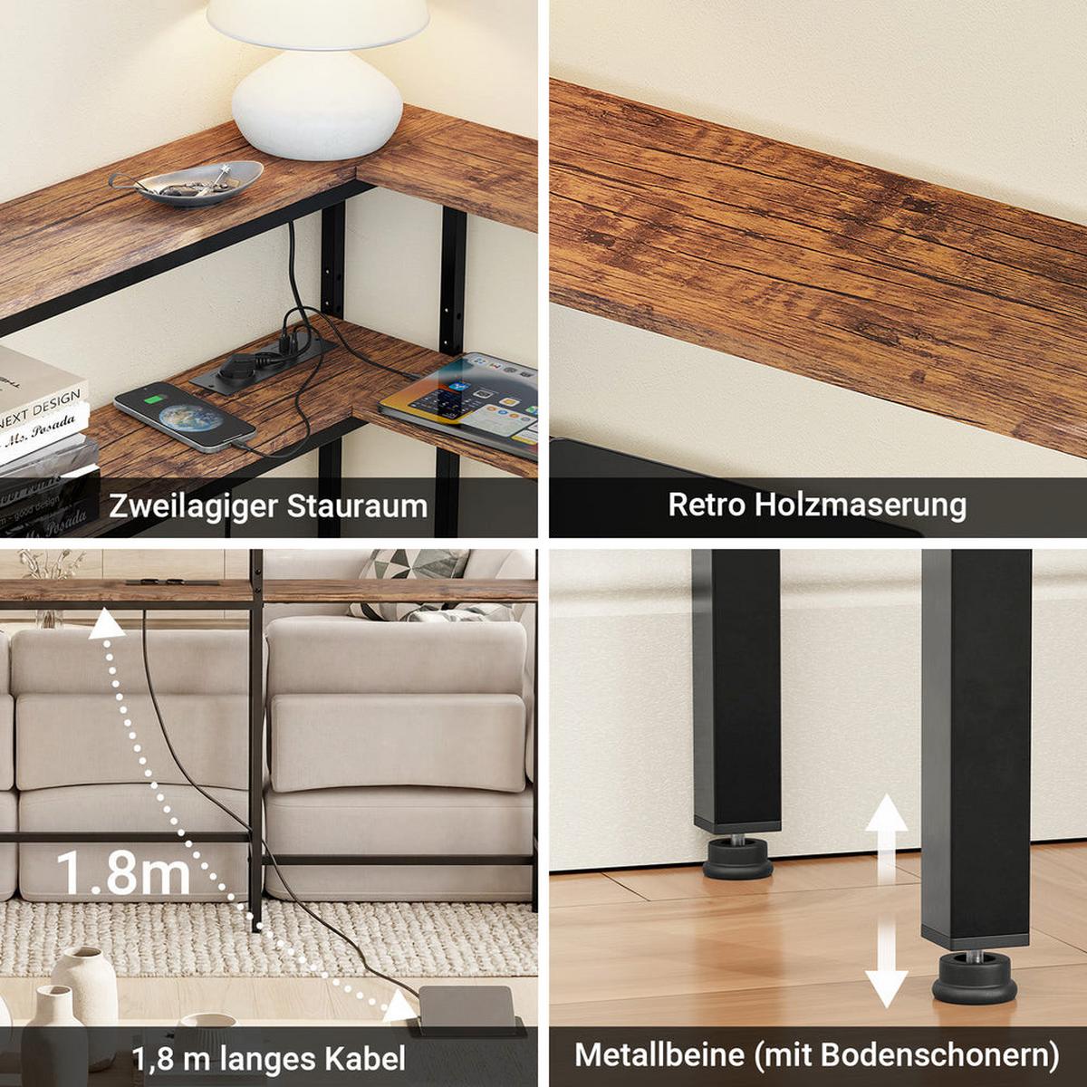 ECKKONSOLENTISCH mit integrierter Steckdose schmal 180x20x100 cm - Braun, Holzwerkstoff/Metall (80/120/101cm) - SoBuy