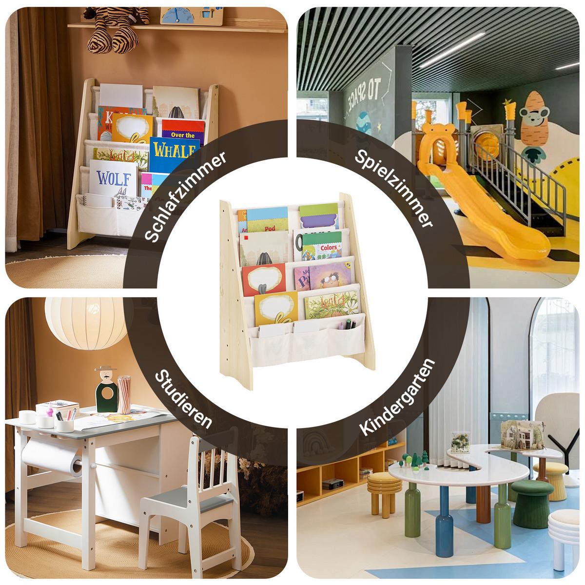 KINDER-BÜCHERREGAL mit 4 Stofffächern, Natur 63x76x28cm - Naturfarben, Holz/Holzwerkstoff (63/76/28cm) - SoBuy