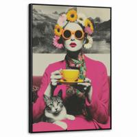 LEINWAND Bilder mit Rahmen - Frau - Katze - Blumen - Tasse - Retro - 60x90 - Magenta, Textil (60/90cm) - MuchoWow