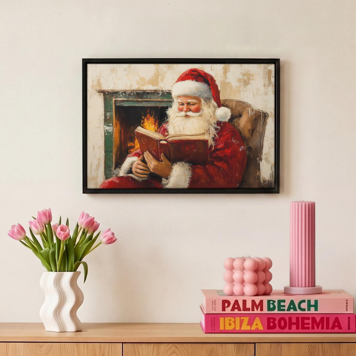 LEINWAND Bilder mit Rahmen - Weihnachten - Weihnachtsmann - Winter - Open Fireside - 30x20 - Dunkelrot, Textil (30/20cm) - MuchoWow