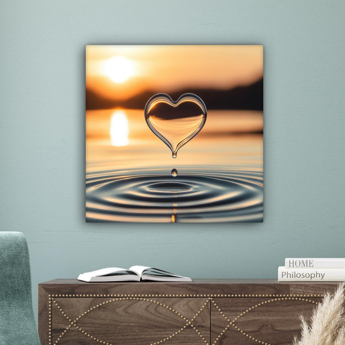 LEINWANDBILD Herz - Wasser - Sonnenuntergang - Natur - Zen Wandbild Wohnzimmer 50x50 cm - Bernsteinfarben, Textil (50/50cm) - MuchoWow