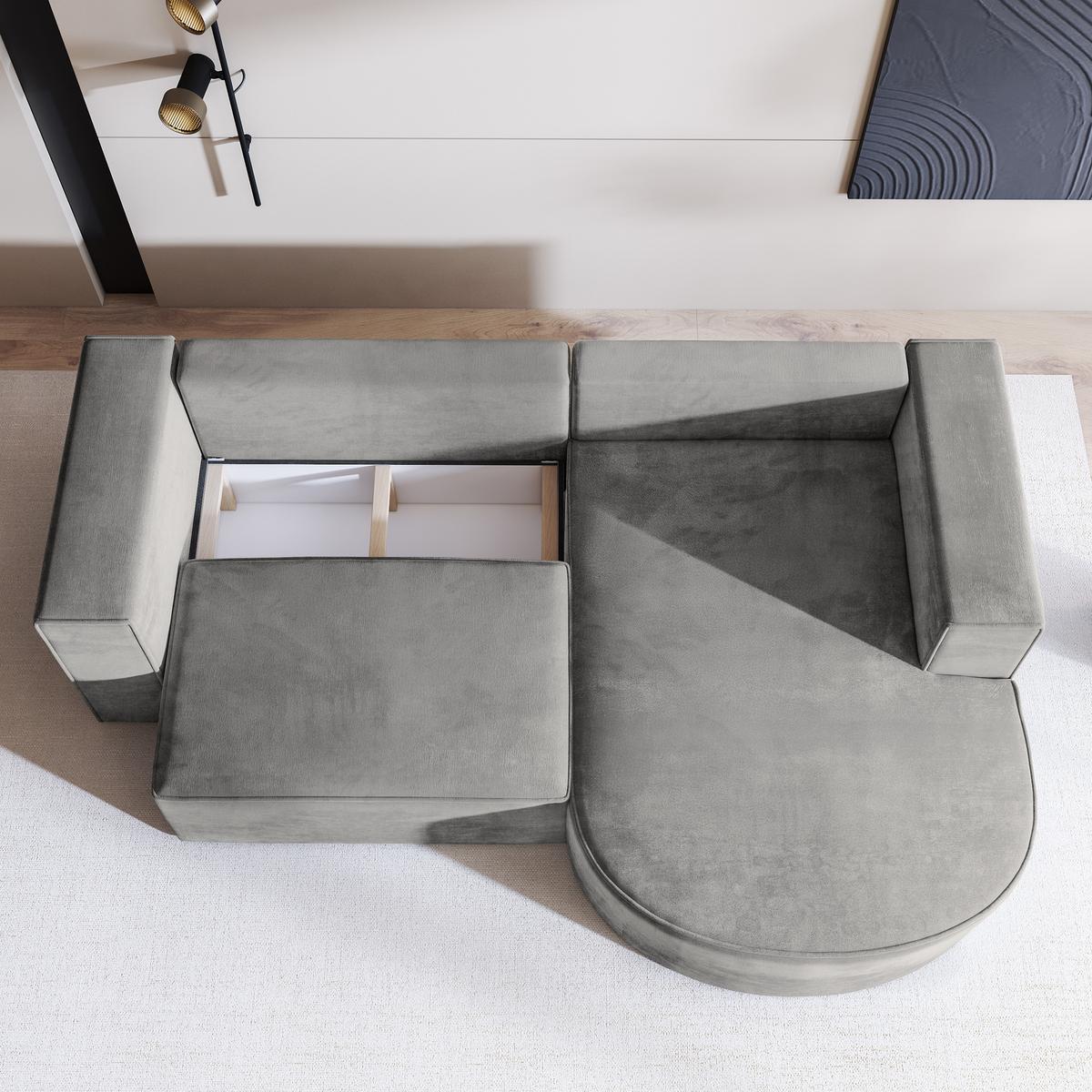 ECKSOFA SORELA M R-S Hellgrau Velours-Stoff mit Schlaffunktion - Hellgrau, Holz (263/174cm) - MASSENO